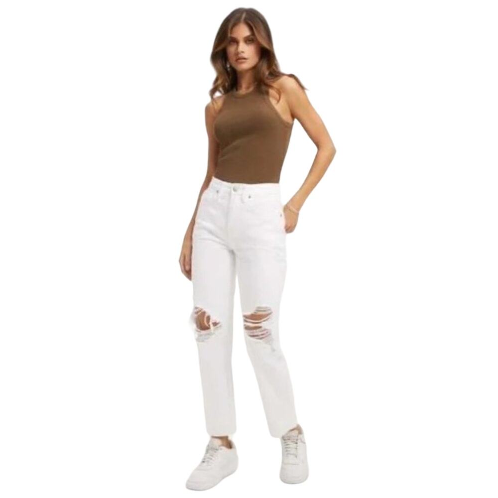 NEW w Tag Free People JEANS Sz 25 CHALK WHITE Tapered Boyfriend Knees Distressed